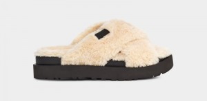 Beige / Black Women's Ugg Fuzz Sugar Cross Slides | India-2605194