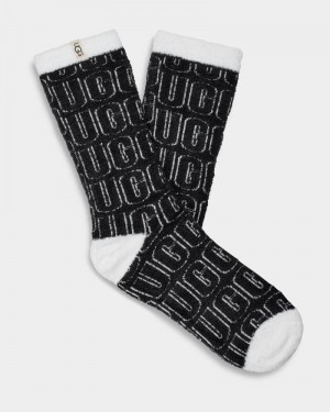 Black / White Women's Ugg Leslie Graphic Crew Socks | India-3241806