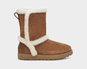 Brown Women's Ugg Classic Short Fluff Spill Seam Winter Boots | India-6417538