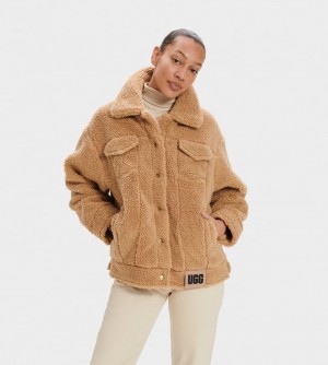 Brown Women's Ugg Frankie Sherpa Trucker Jackets | India-8751260