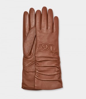 Brown Women's Ugg Leather Scrunched Logo Gloves | India-2043187