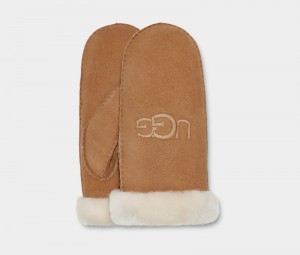 Brown Women's Ugg Shearling Ugg Embroider Mittens | India-9645087