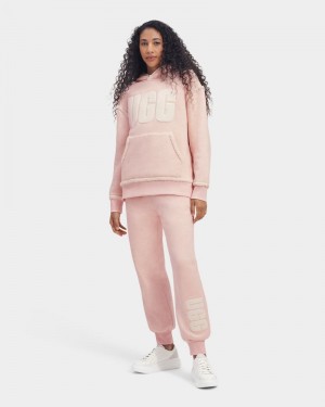 Pink White Women's Ugg Daylin Bonded Fleece Logo Pants | India-3210864