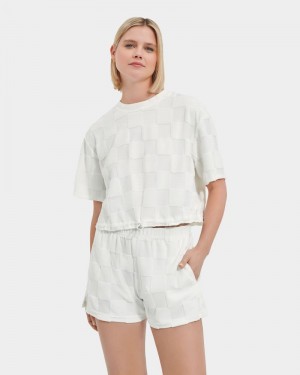 White Women's Ugg Teagin Short Sleeve Check Tops | India-9074361