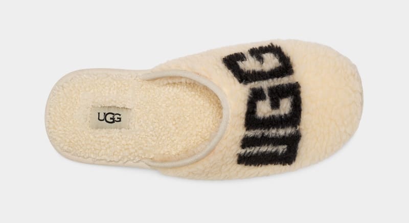 Beige Men's Ugg Scuff Curly Graphic Slippers | India-4032819