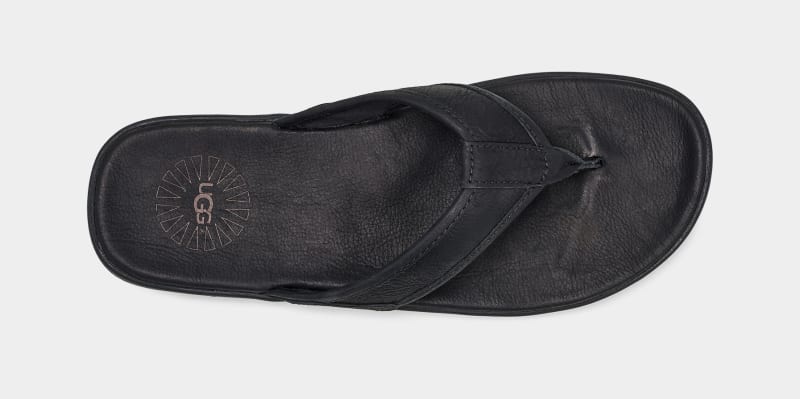 Black Men's Ugg Seaside Leather Flip Flops | India-8231650