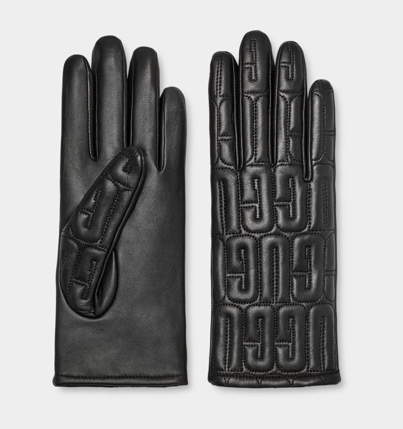 Black Women's Ugg Leather Quilted Logo Gloves | India-8357406