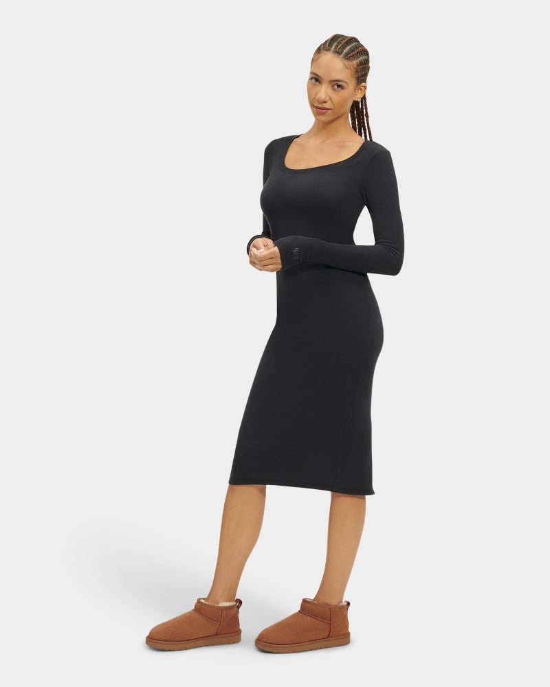 Black Women\'s Ugg Sariah Ribbed Long Sleeve Dress | India-8563421