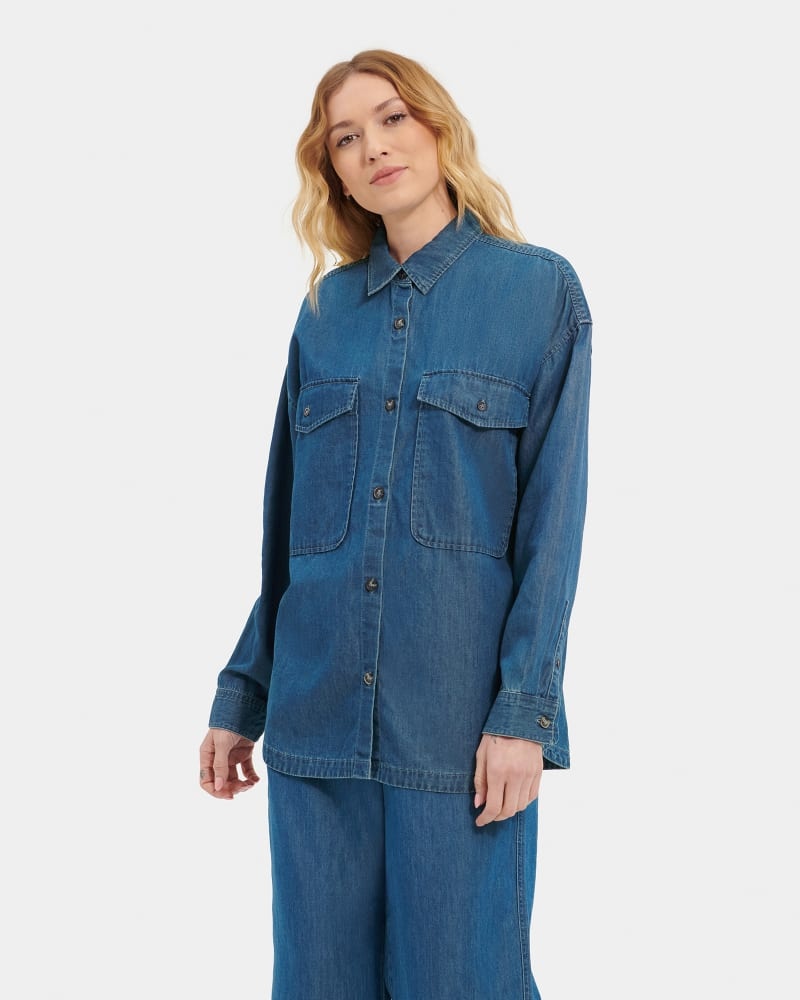 Blue Women's Ugg Kimya Long Sleeve Denim Shirts | India-0235679