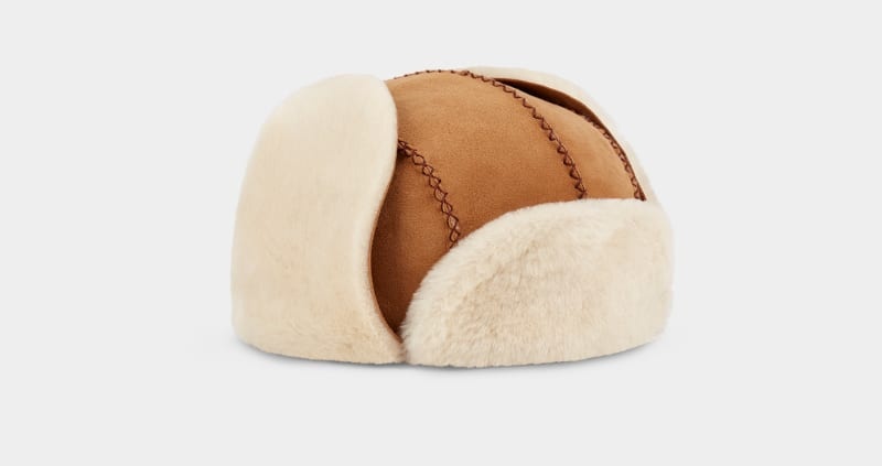 Brown Kids' Ugg Sheepskin Trapper With Stitch Hats | India-3154079