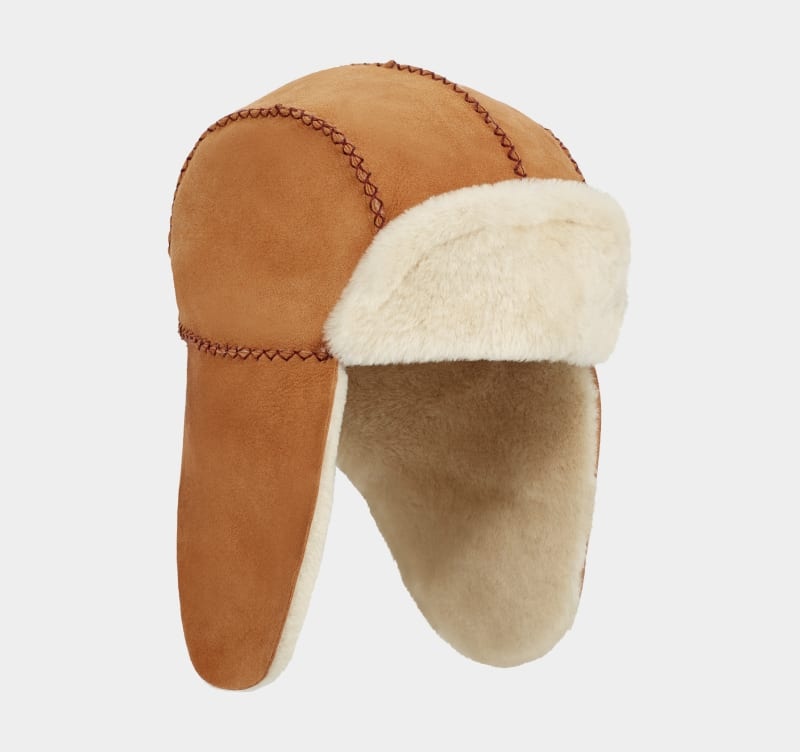 Brown Kids\' Ugg Sheepskin Trapper With Stitch Hats | India-3154079