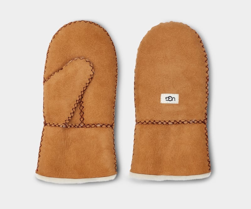 Brown Kids' Ugg Sheepskin With Stitch Mittens | India-3817962