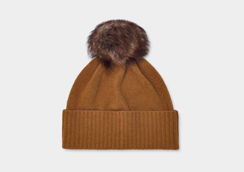 Brown Women's Ugg Pryce Rib Knit Pom Hats | India-0189425