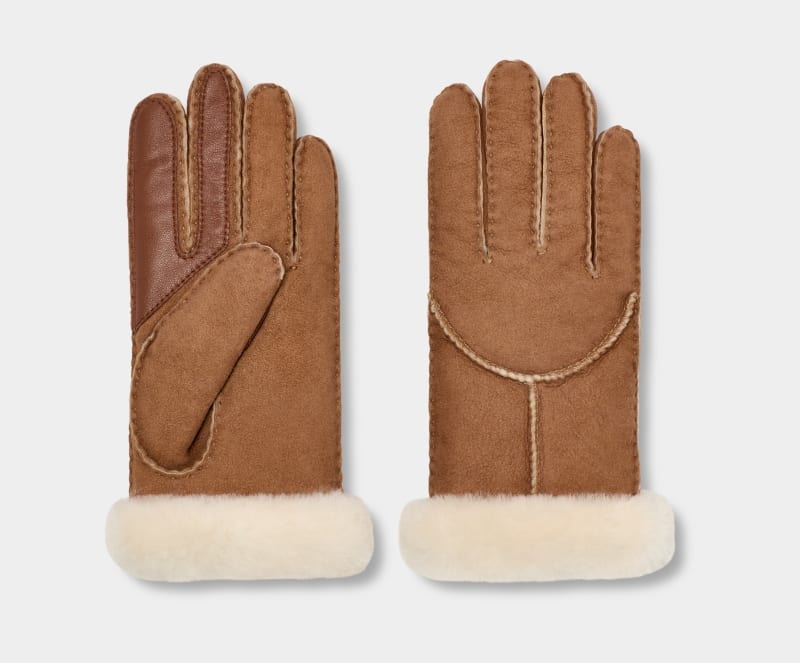 Brown Women's Ugg Sheepskin Whipstitch Gloves | India-7530824