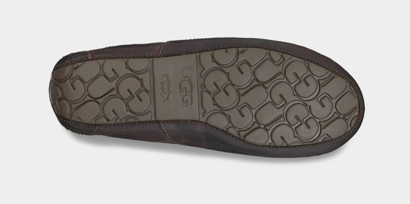 Dark Brown Men's Ugg Ascot Leather Slippers | India-6135907