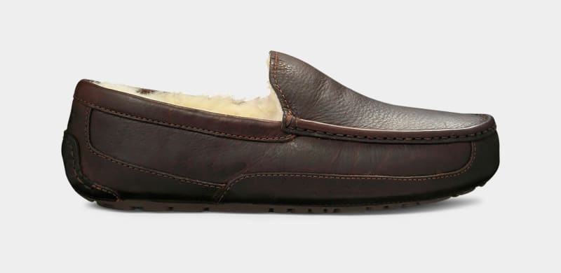 Dark Brown Men\'s Ugg Ascot Leather Slippers | India-6135907