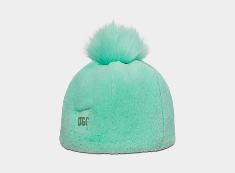 Turquoise Women's Ugg Faux Fur W Pom Beanie | India-0628945